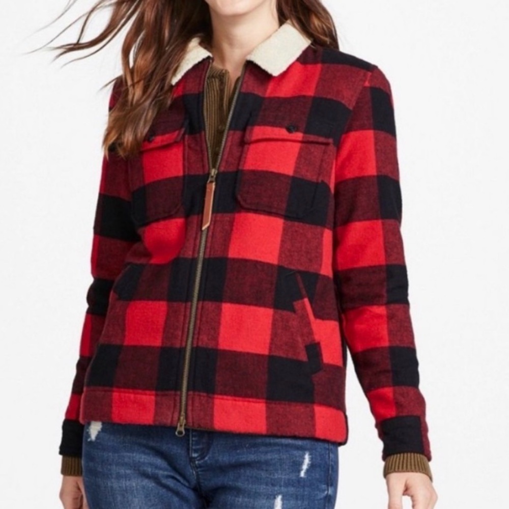 L.L. Bean Signature Red Plaid Flannel Jacket with Sherpa Collar